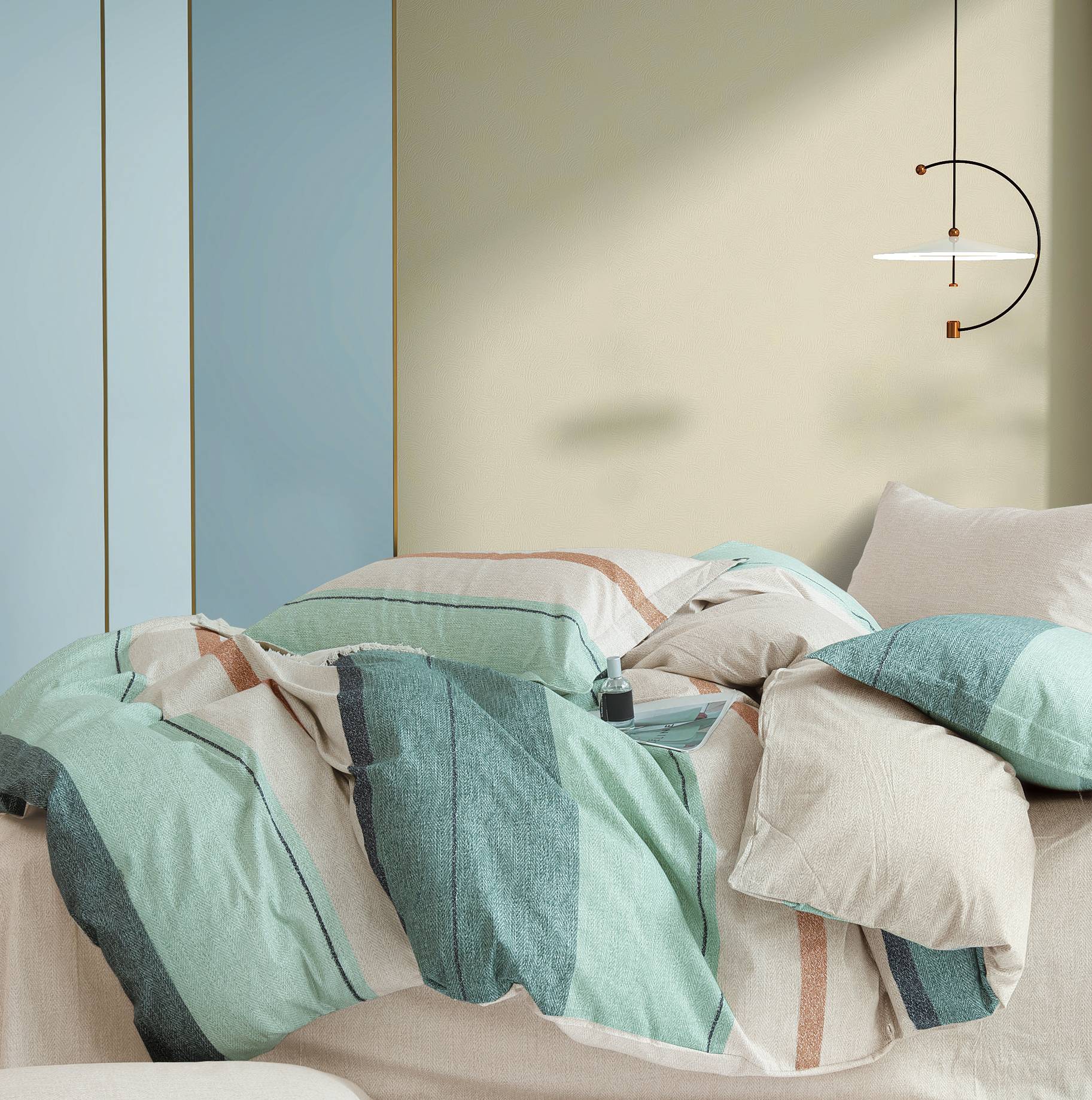 elise: 100% Cotton 930TC - Veran Stripe (Sage) Bed Set Inclusive of Duvet Cover