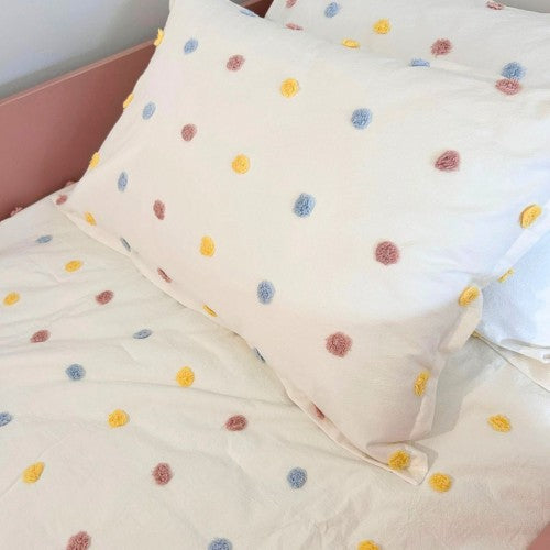 100% Cotton 930TC Single Light Comforter + 2 Pillow Case Set - Candlewick Pom Pom