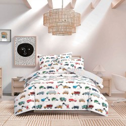 elise: 100% Cotton 930TC Children Light Comforter + 2 Pillow Case Set - Trucks