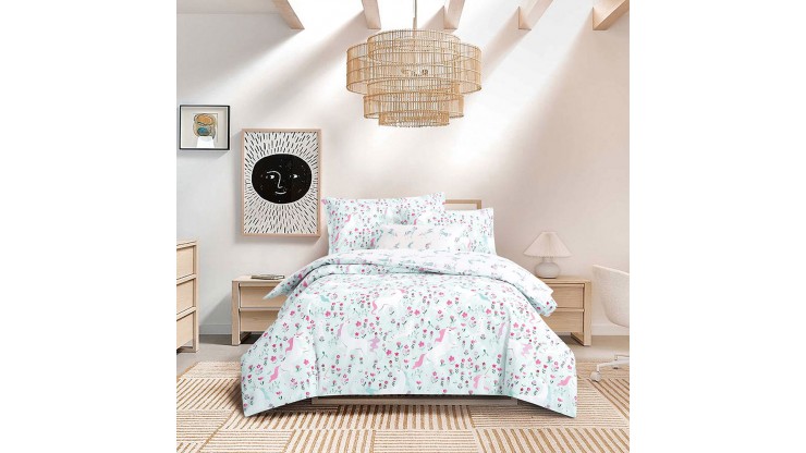 elise: 100% Cotton 930TC Children Light Comforter + 2 Pillow Case Set - Unicorn Garden